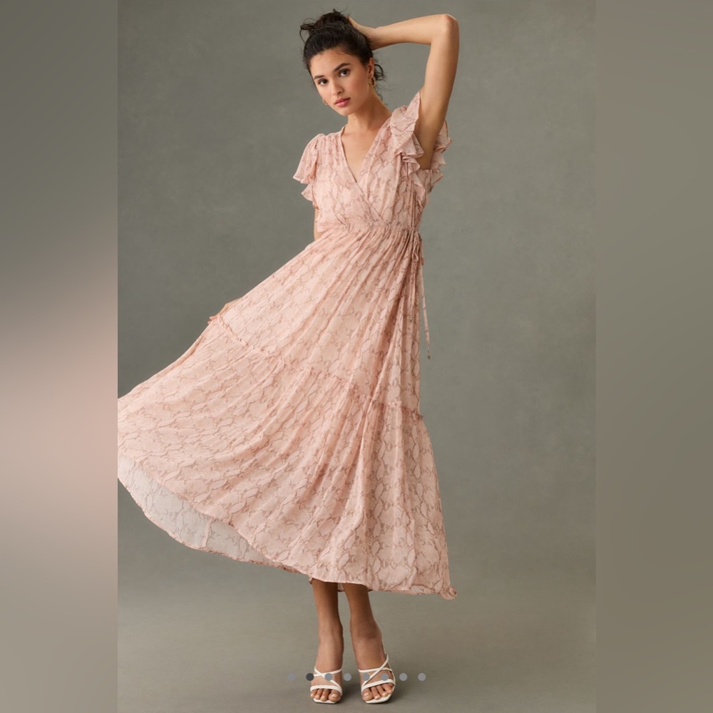 By Anthropologie Sheer V-Neck Flutter- Sleeve Midi Dress